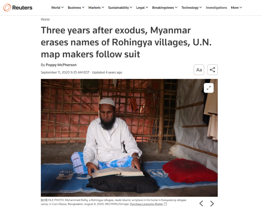 Bài báo của Reuters từ năm 2020 – “Sau 3 năm di cư của người tị nạn, Myanmar xóa tên các ngôi làng Rohingya trên bản đồ Miến Điện”